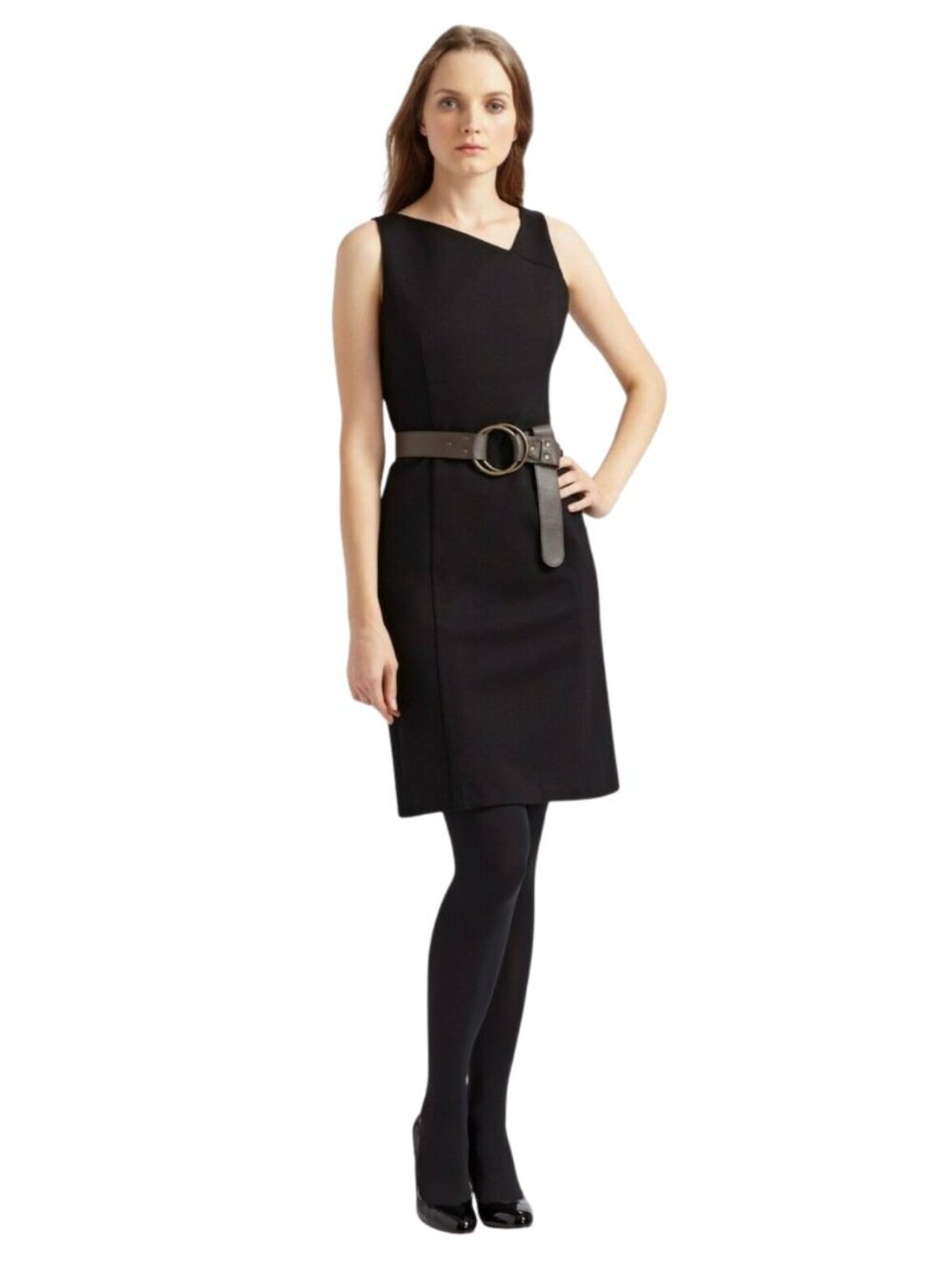 Eileen Fisher Asymmetrical V-Neck Sheath Dress Black 8 Ponte EUC Silk Lined LBD